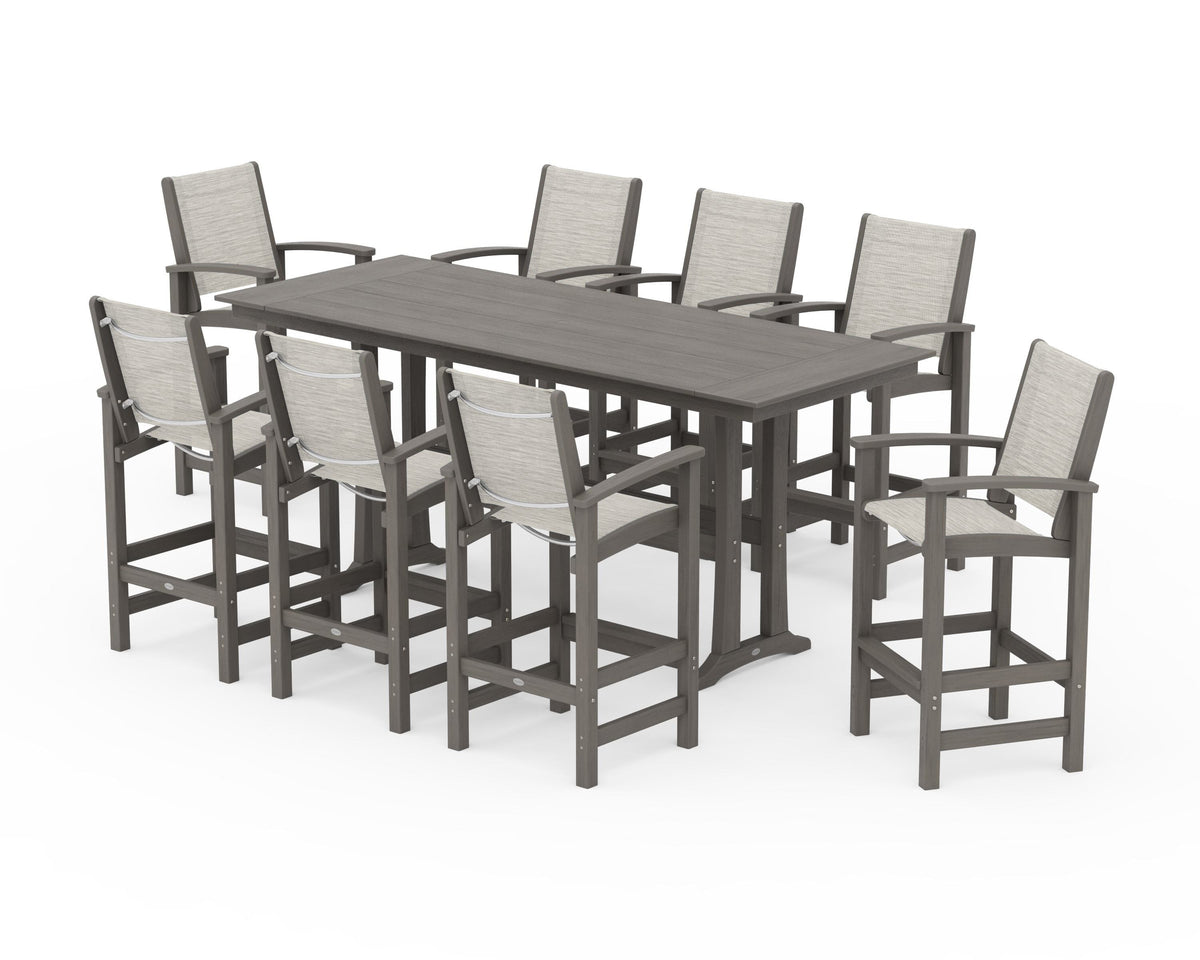 POLYWOOD Coastal 9-Piece Farmhouse Bar Set with Trestle Legs in Driftwood / Birch
