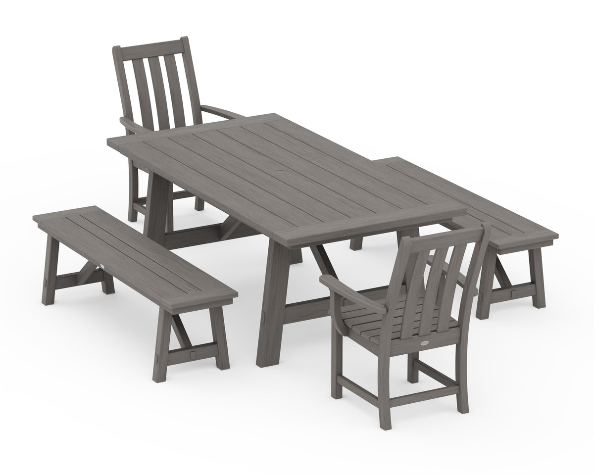 POLYWOOD Vineyard 5-Piece Rustic Farmhouse Dining Set with Benches in Driftwood