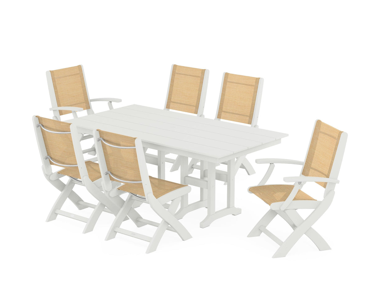 POLYWOOD Coastal Folding Chair 7-Piece Farmhouse Dining Set in Vintage White / Dupioni Apricot