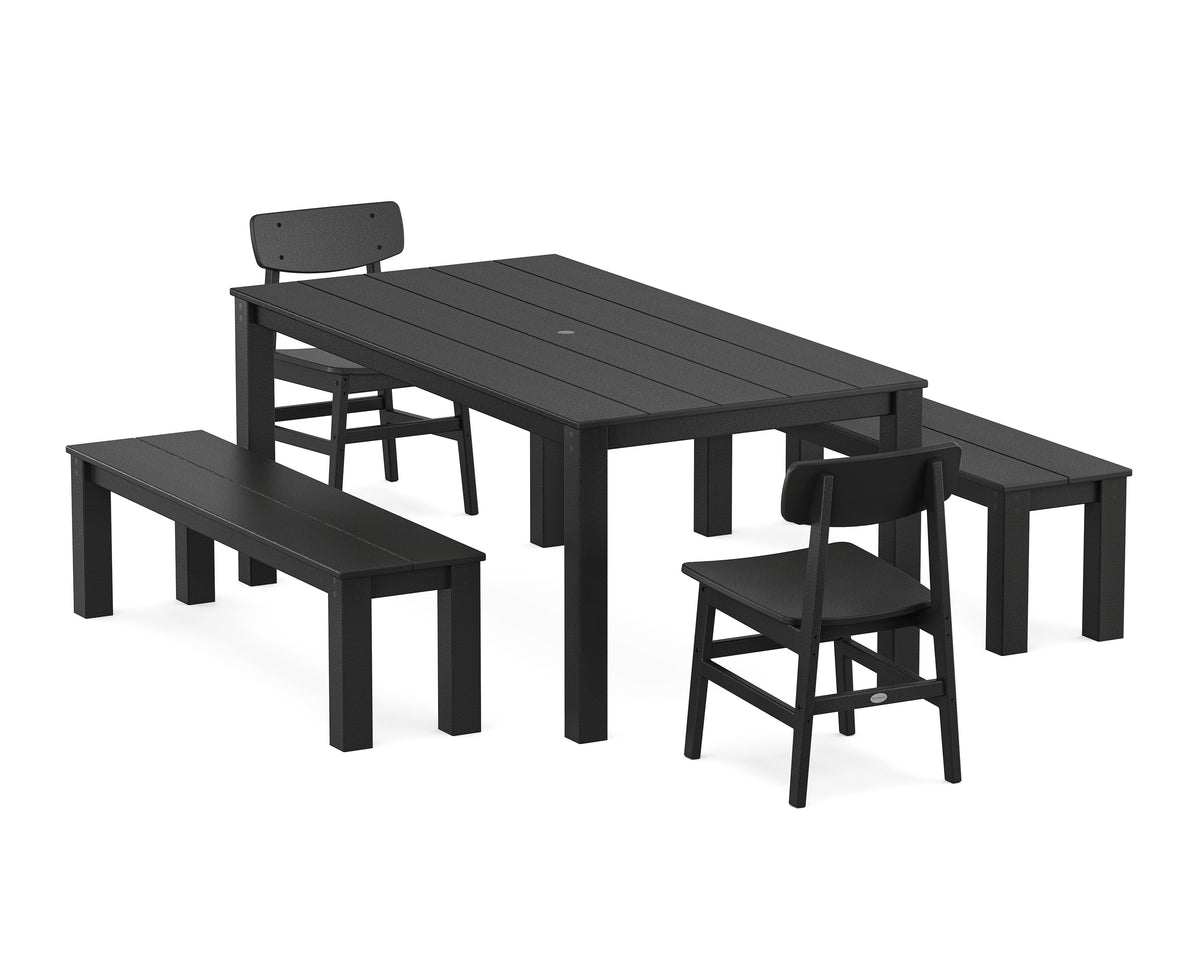 POLYWOOD Modern Studio Urban Chair 5-Piece Parsons Dining Set with Benches - 38" x 72" Table in Black