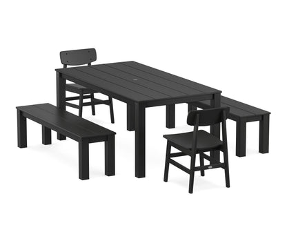 POLYWOOD Modern Studio Urban Chair 5-Piece Parsons Dining Set with Benches - 38" x 72" Table in Black