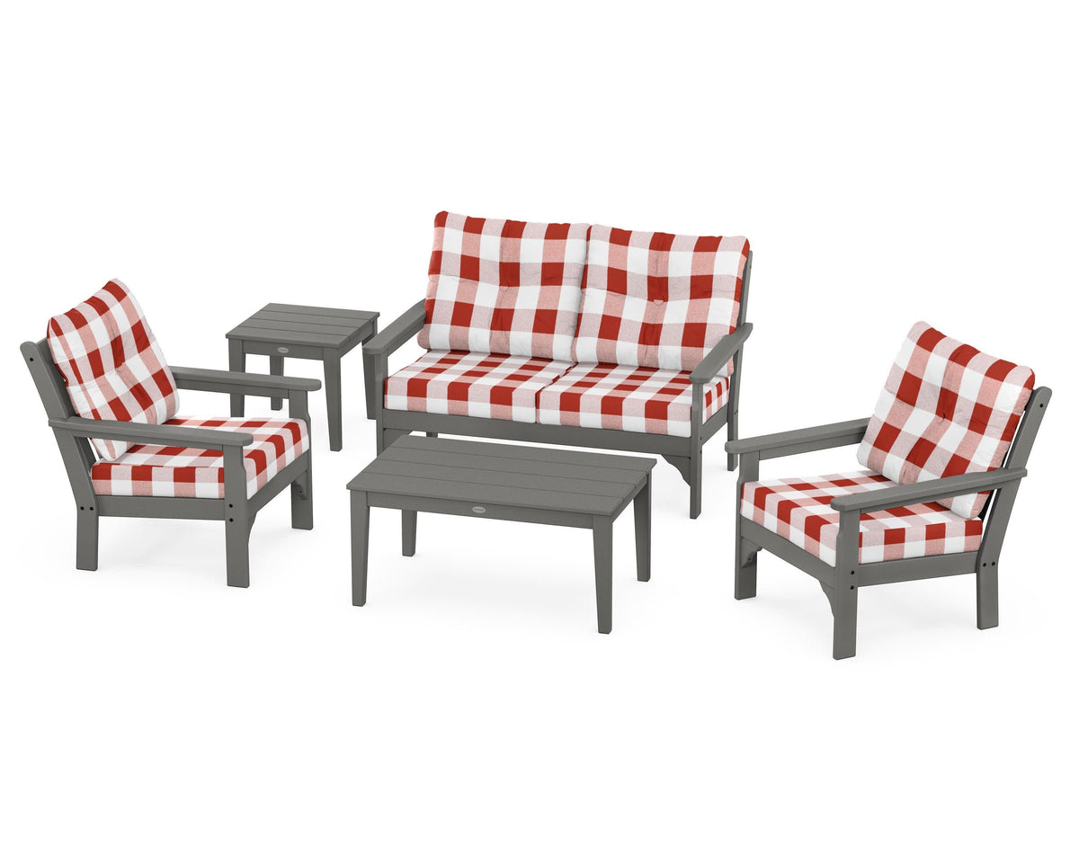 POLYWOOD Vineyard 5-Piece Deep Seating Set with Two Chairs and Loveseat in Slate Grey / Buffalo Plaid Crimson