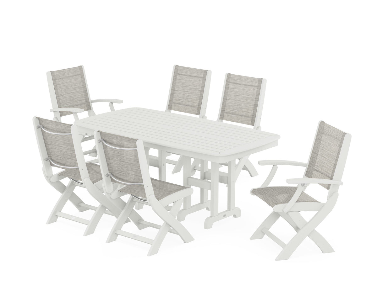 POLYWOOD Coastal Folding Chair 7-Piece Dining Set in Vintage White / Birch