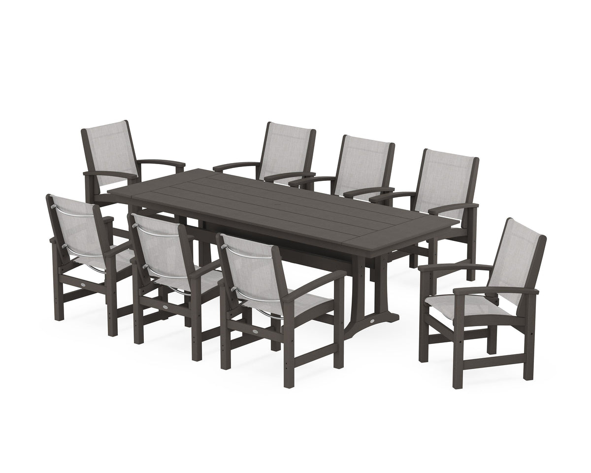 POLYWOOD Coastal 9-Piece Farmhouse Dining Set with Trestle Legs in Vintage Coffee / Parchment