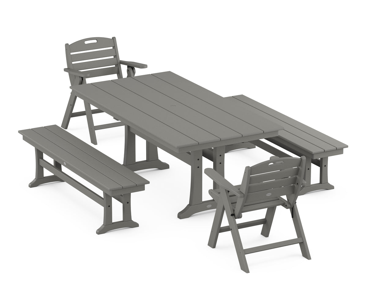POLYWOOD Nautical Folding Lowback Chair 5-Piece Farmhouse Dining Set with Trestle Legs - 37" x 72" Table in Slate Grey