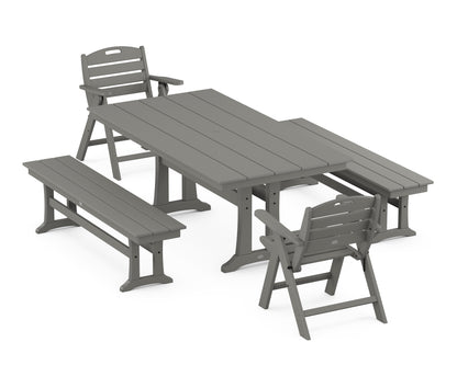 POLYWOOD Nautical Folding Lowback Chair 5-Piece Farmhouse Dining Set with Trestle Legs - 37" x 72" Table in Slate Grey