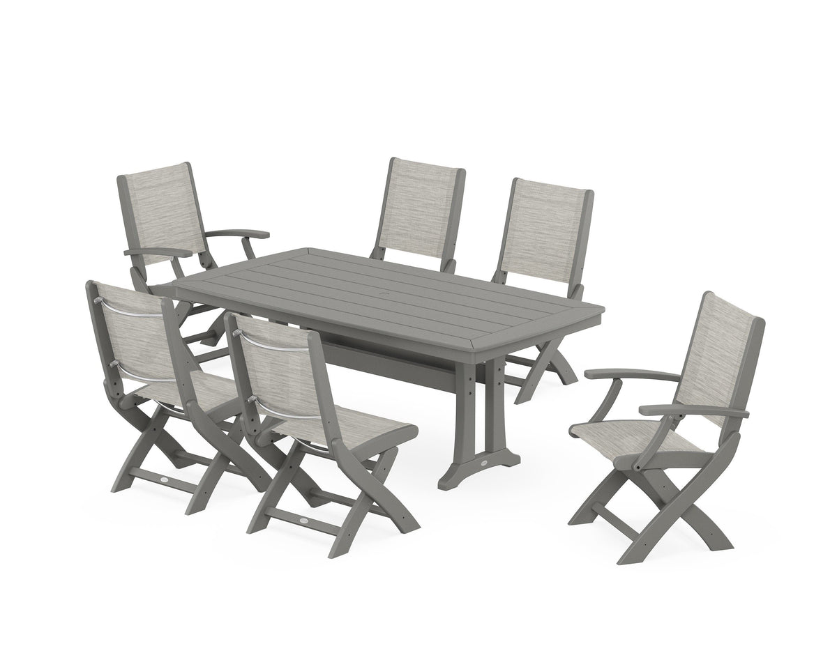 POLYWOOD Coastal Folding Chair 7-Piece Dining Set with Trestle Legs with Nautical Trestle 38" x 73" Dining Table in Slate Grey / Birch