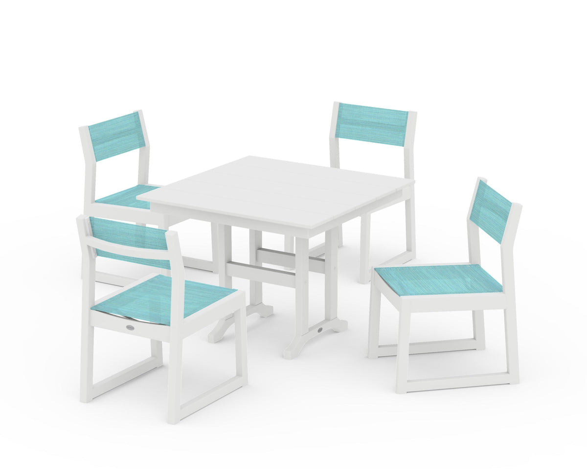 POLYWOOD EDGE Sling Side Chair 5-Piece Farmhouse Dining Set in White / Dupioni Aquamarine