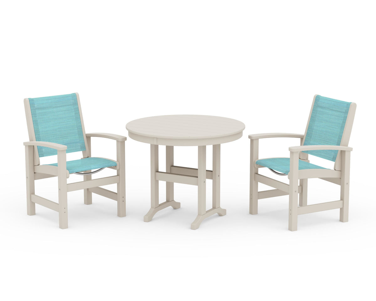 POLYWOOD Coastal 3-Piece Round Dining Set in Sand / Dupioni Aquamarine