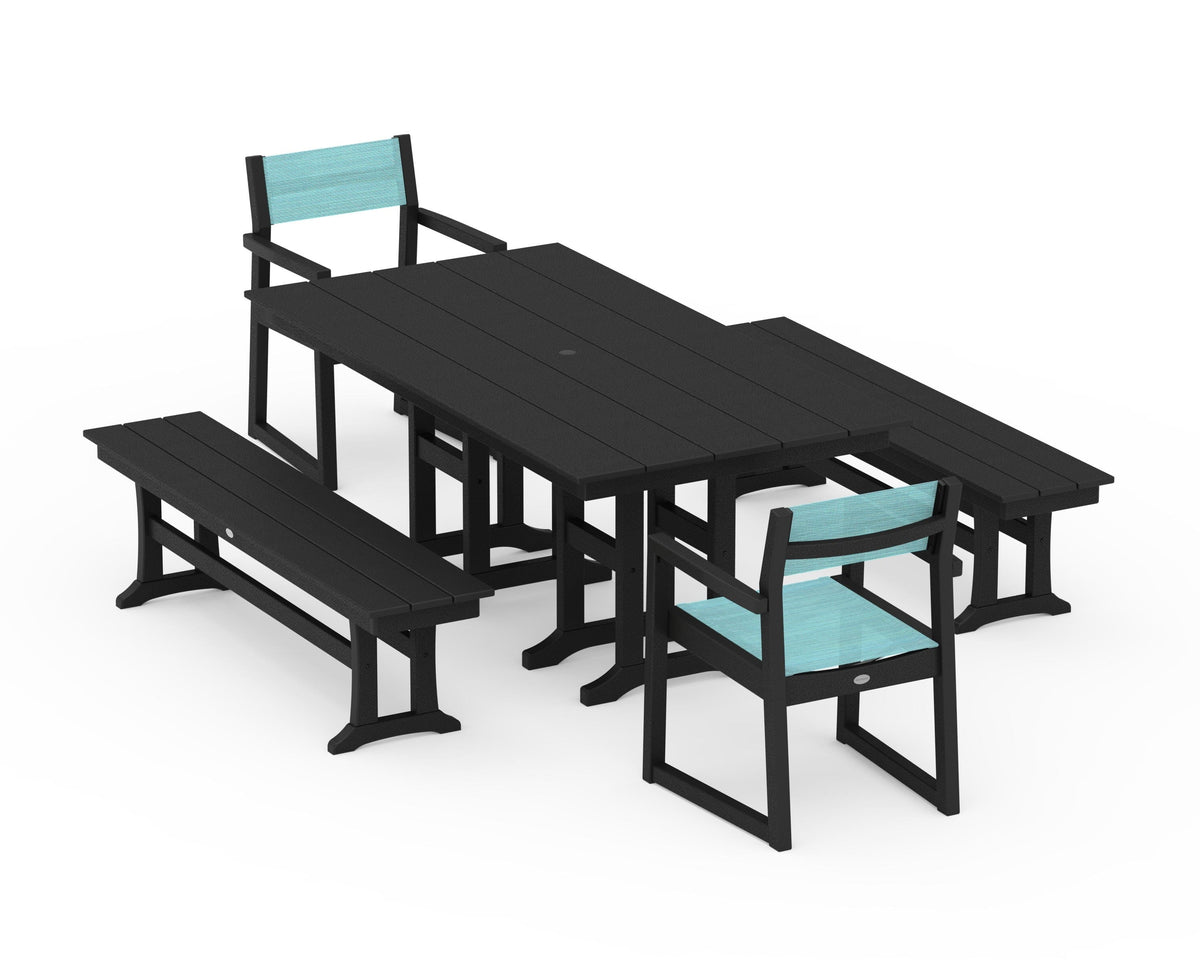 POLYWOOD EDGE Sling Arm Chair 5-Piece Farmhouse Dining Set with Benches in Black / Dupioni Aquamarine