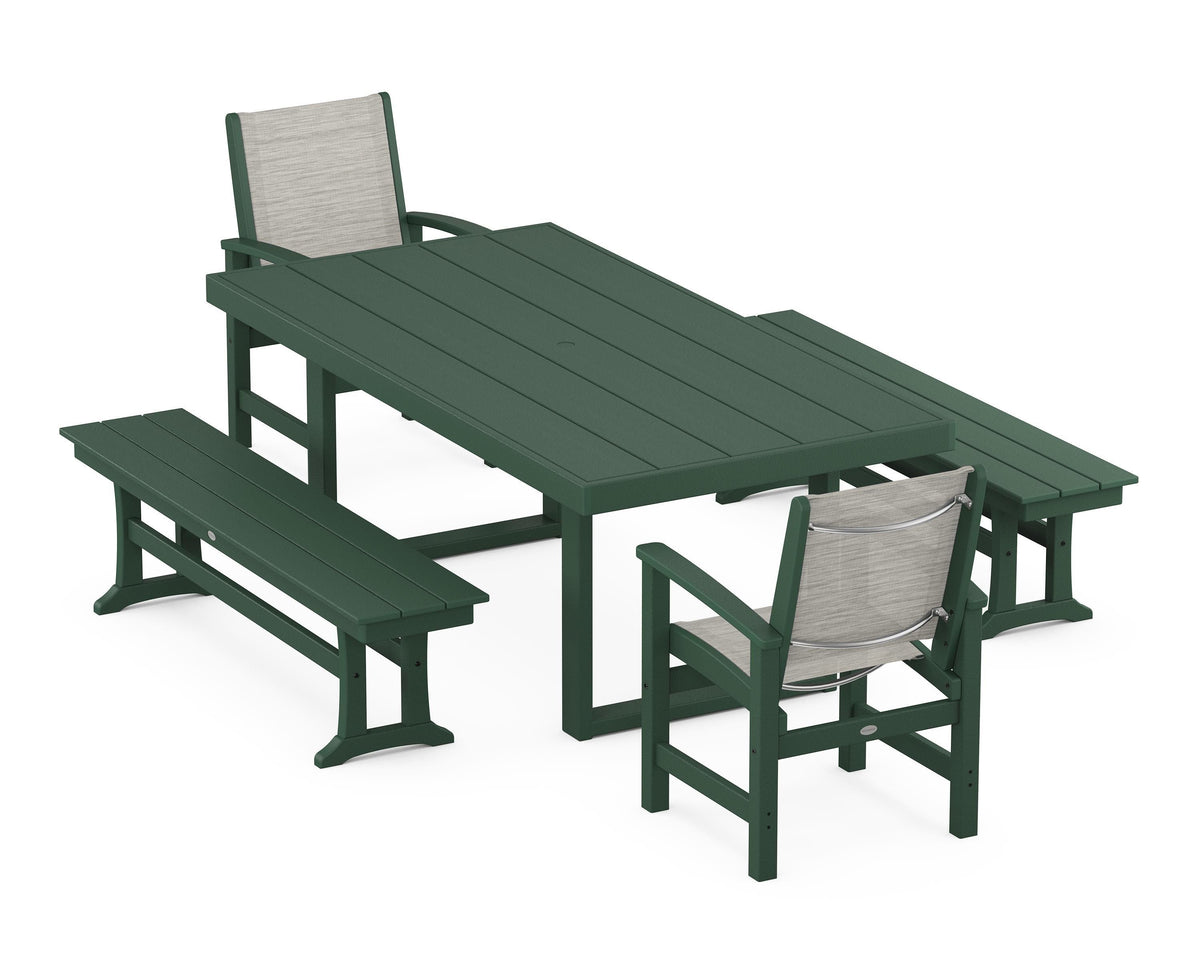 POLYWOOD Coastal 5-Piece Dining Set with Trestle Legs with EDGE 40" x 78" Dining Table in Green / Birch