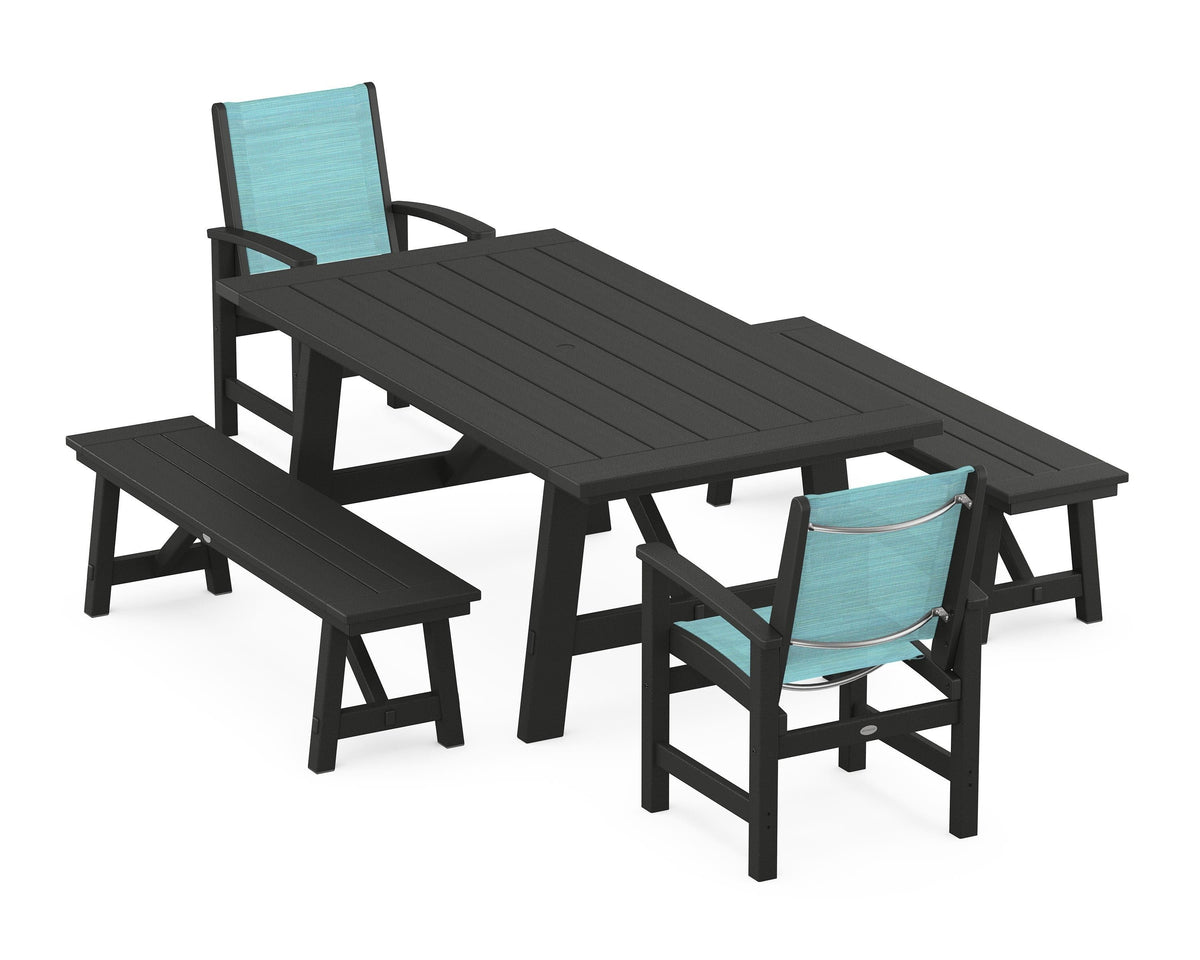 POLYWOOD Coastal 5-Piece Rustic Farmhouse Dining Set With Benches in Black / Dupioni Aquamarine