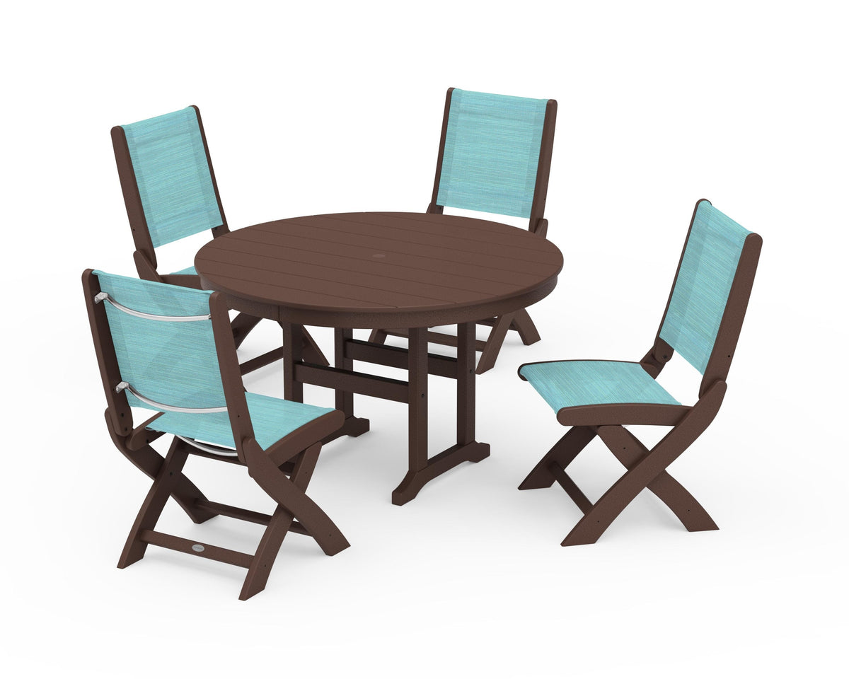 POLYWOOD Coastal Folding Side Chair 5-Piece Round Dining Set in Mahogany / Dupioni Aquamarine