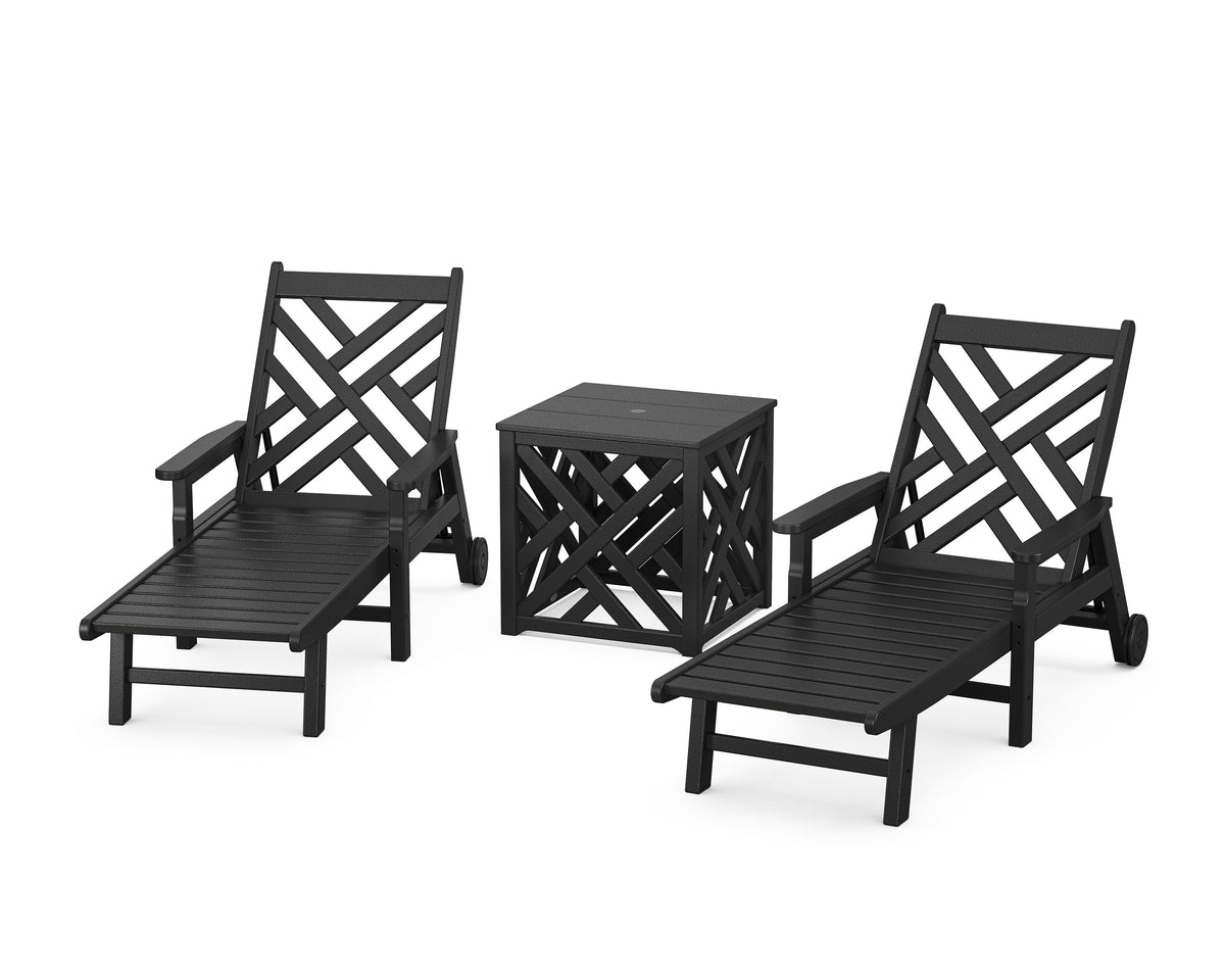 POLYWOOD Chippendale 3-Piece Chaise Set with Umbrella Stand Accent Table in Black