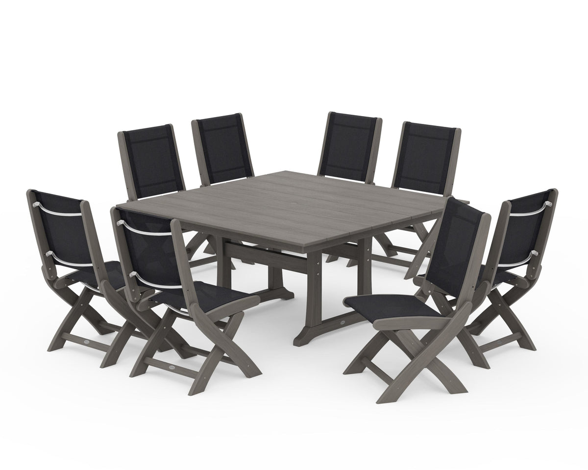 POLYWOOD Coastal Folding Side Chair 9-Piece Farmhouse Dining Set in Driftwood / Black