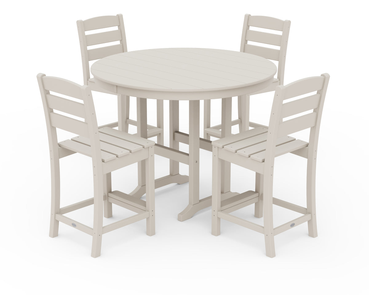 POLYWOOD Lakeside 5-Piece Farmhouse Round Side Chair Counter Set in Sand