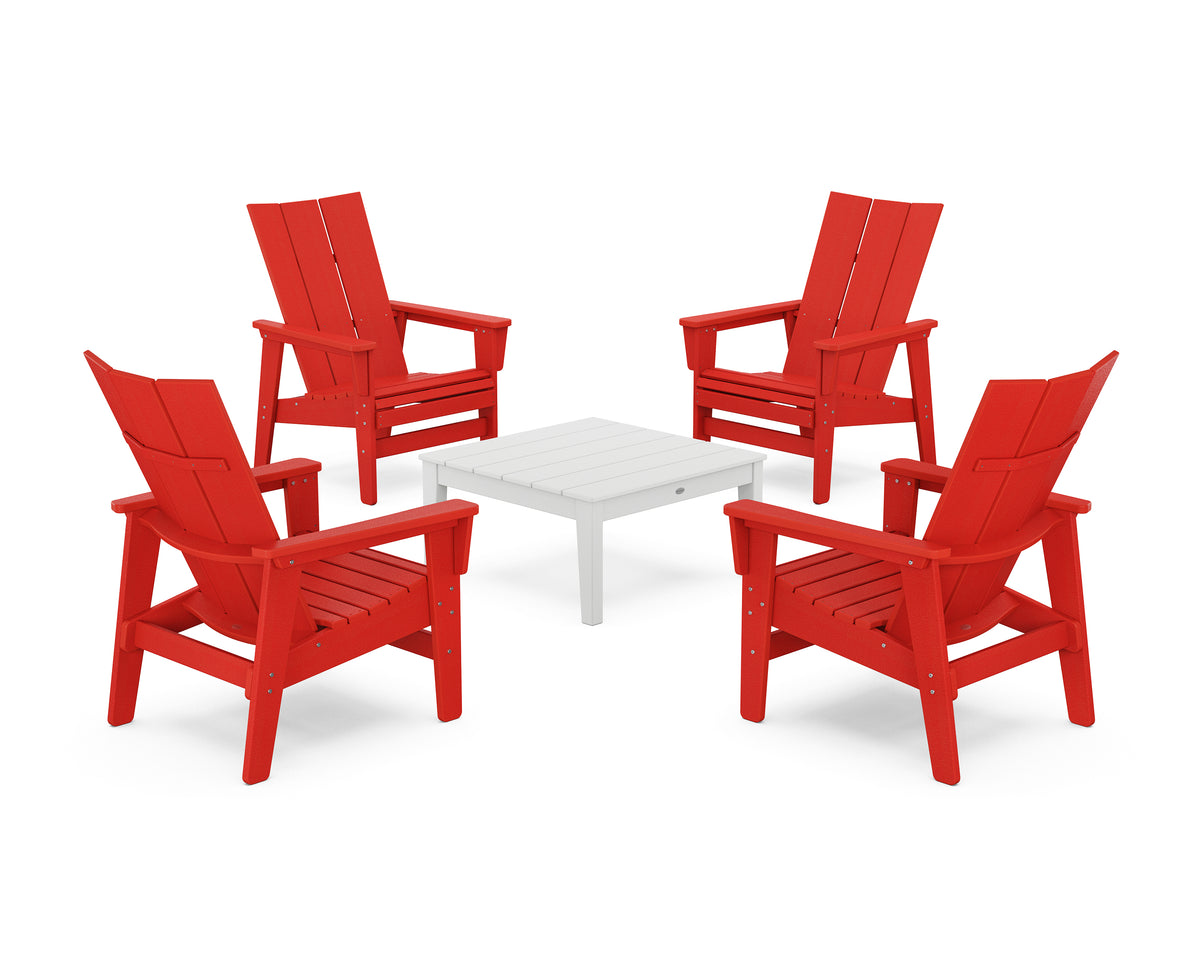 POLYWOOD 5-Piece Modern Grand Upright Adirondack Chair Conversation Group in Sunset Red / White
