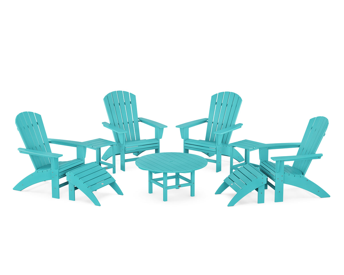 POLYWOOD Nautical Curveback Adirondack Chair 9-Piece Conversation Set in Aruba