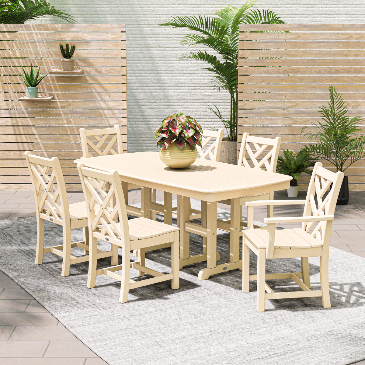 Lifestyle photo of the POLYWOOD Chippendale 7-Piece Dining Set in Sand
