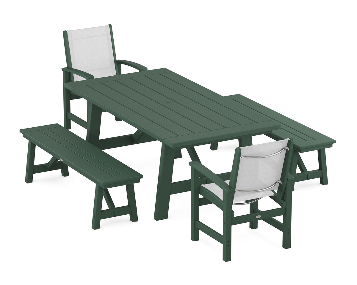 POLYWOOD Coastal 5-Piece Rustic Farmhouse Dining Set With Benches in Green / White