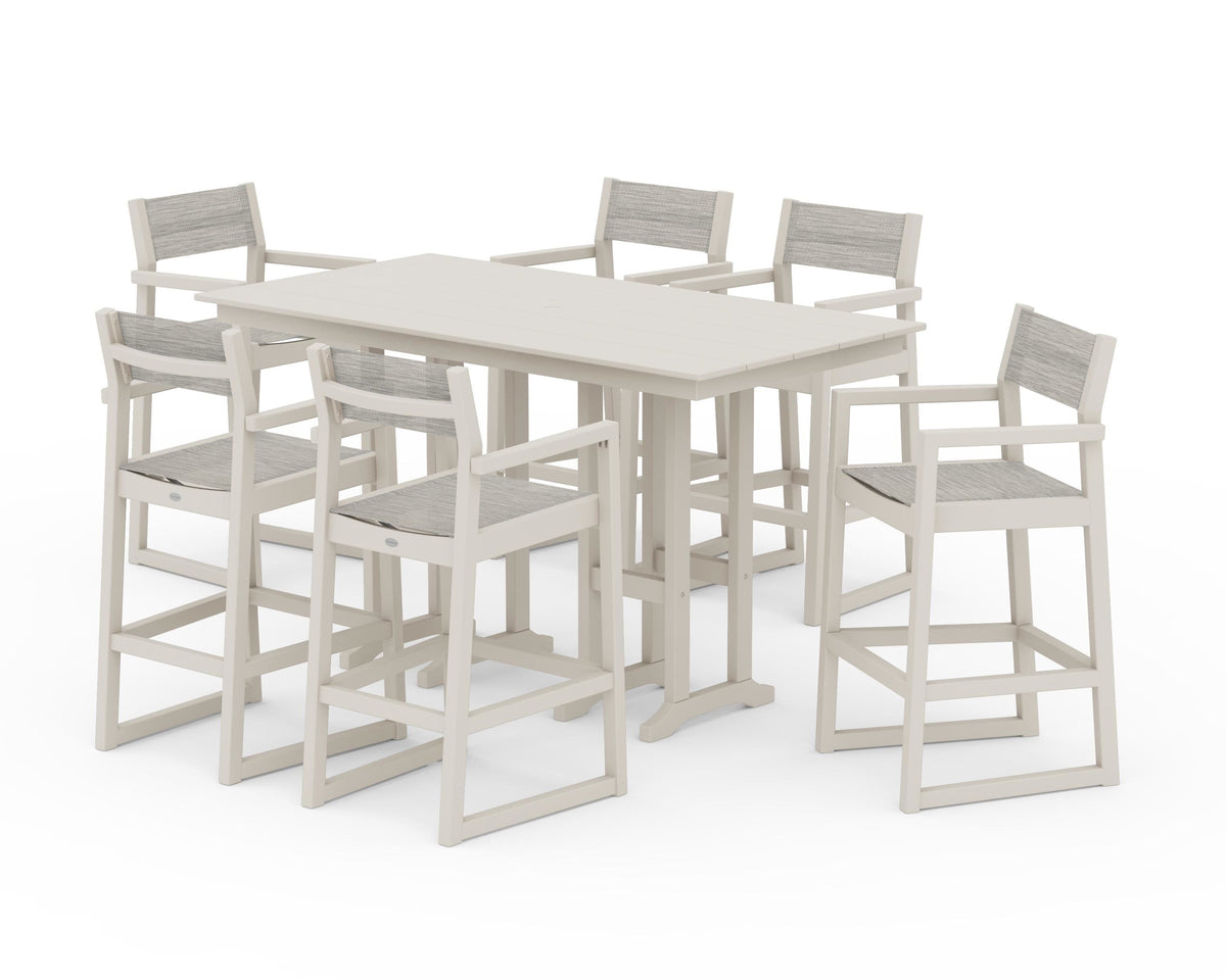 POLYWOOD EDGE Sling Arm Chair 7-Piece Farmhouse Bar Set in Sand / Birch