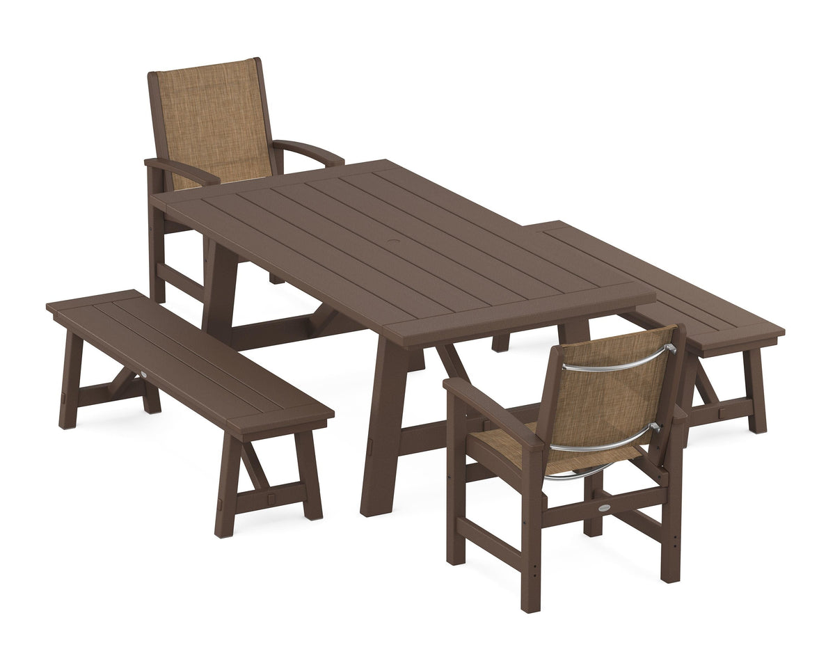 POLYWOOD Coastal 5-Piece Rustic Farmhouse Dining Set With Benches in Mahogany / Burlap