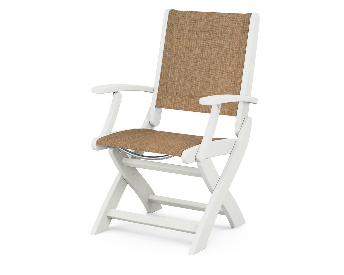 POLYWOOD Coastal Folding Chair in Vintage White with Vintage White arms and Burlap sling