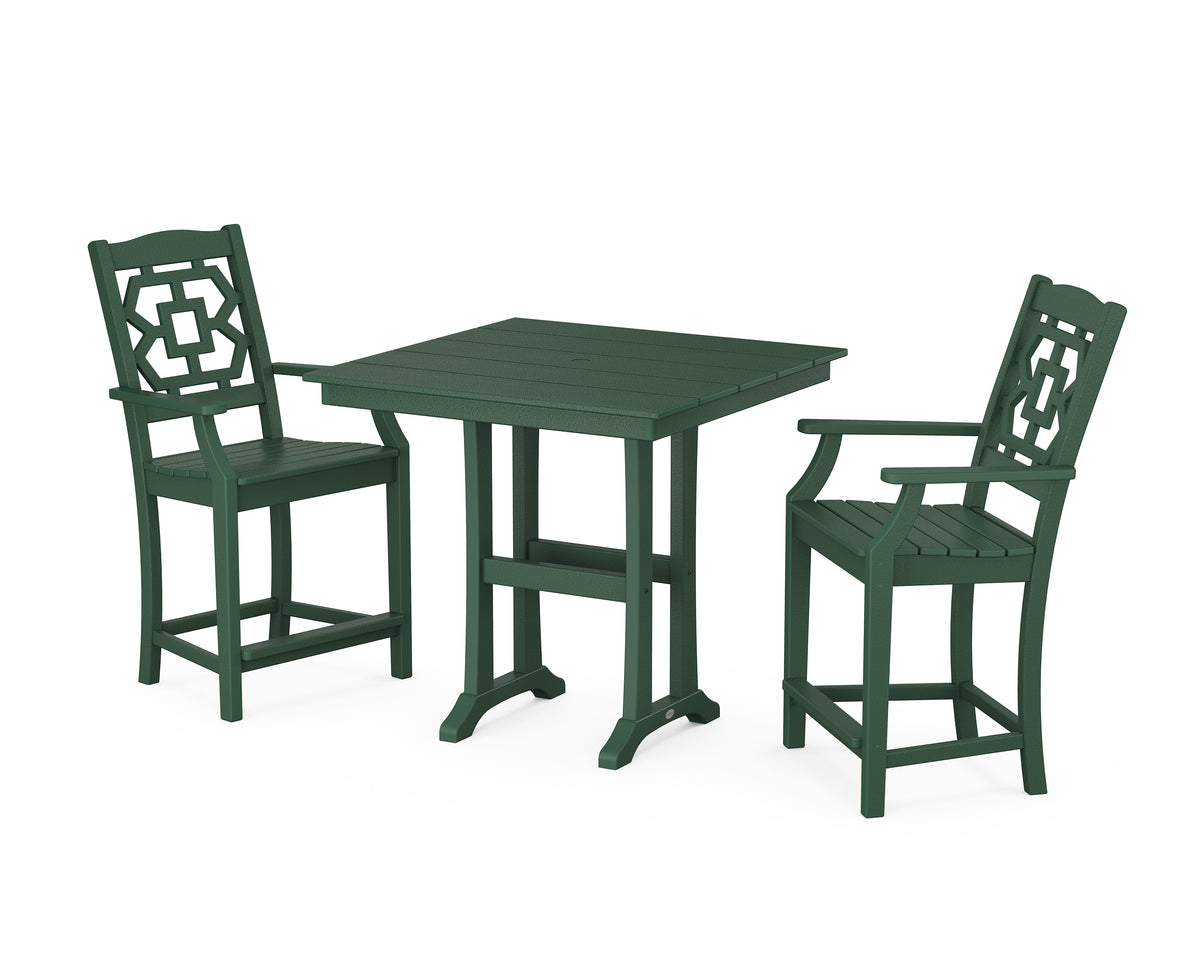 POLYWOOD Chinoiserie 3-Piece Farmhouse Counter Set with Trestle Legs in Green