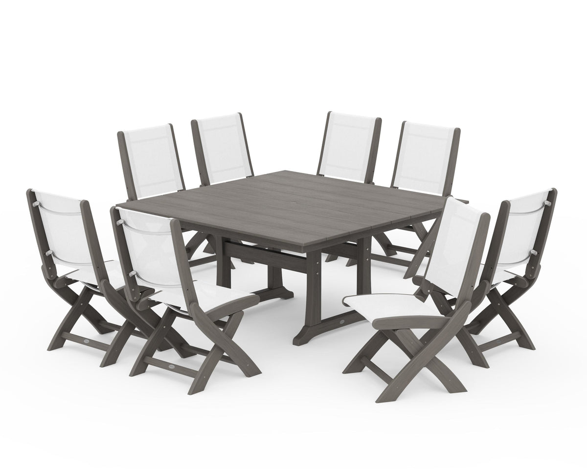 POLYWOOD Coastal Folding Side Chair 9-Piece Farmhouse Dining Set in Driftwood / White