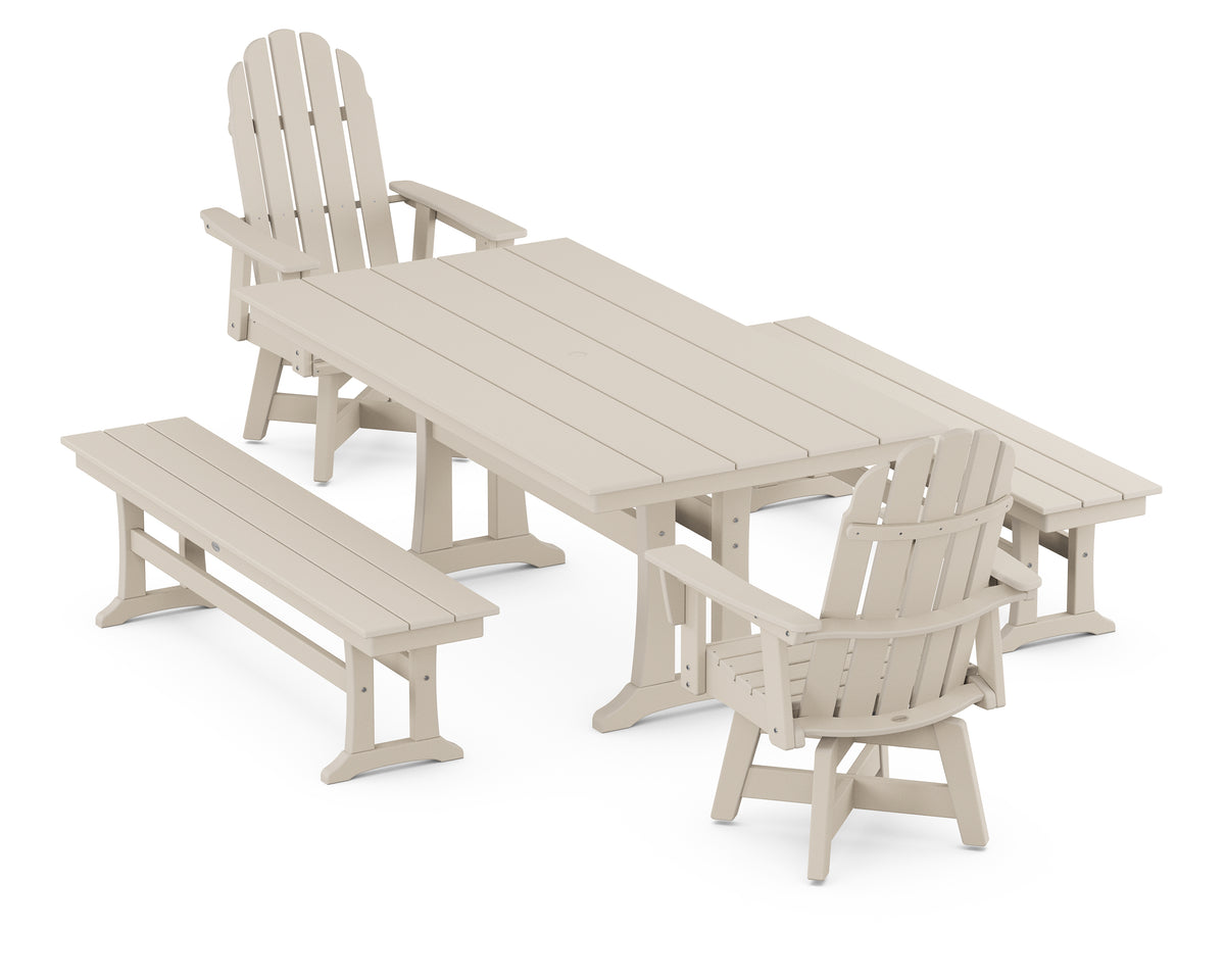 POLYWOOD Vineyard Curveback Adirondack Swivel Chair 5-Piece Farmhouse Dining Set with Trestle Legs and Benches in Sand