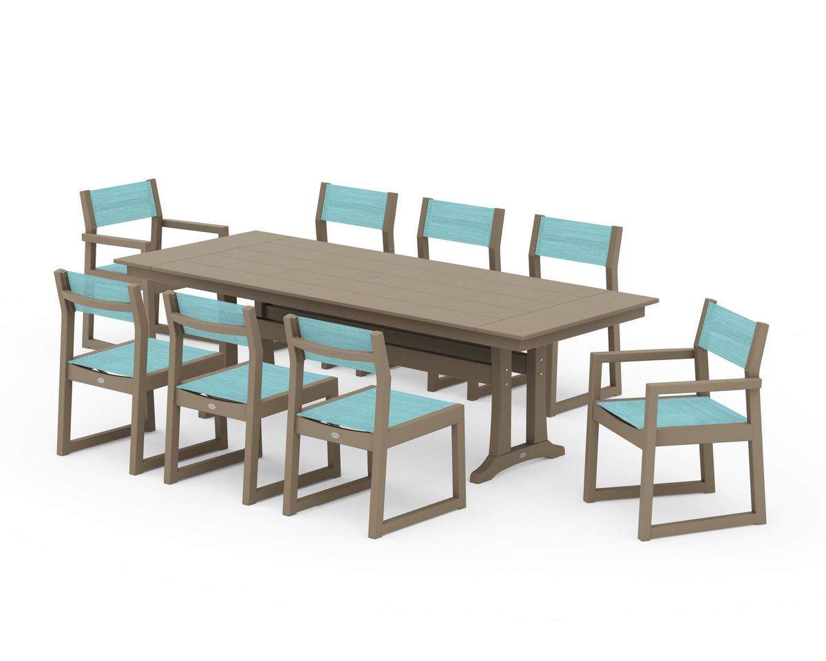 POLYWOOD EDGE Sling 9-Piece Farmhouse Trestle Dining Set in Vintage Sahara / Dupioni Aquamarine