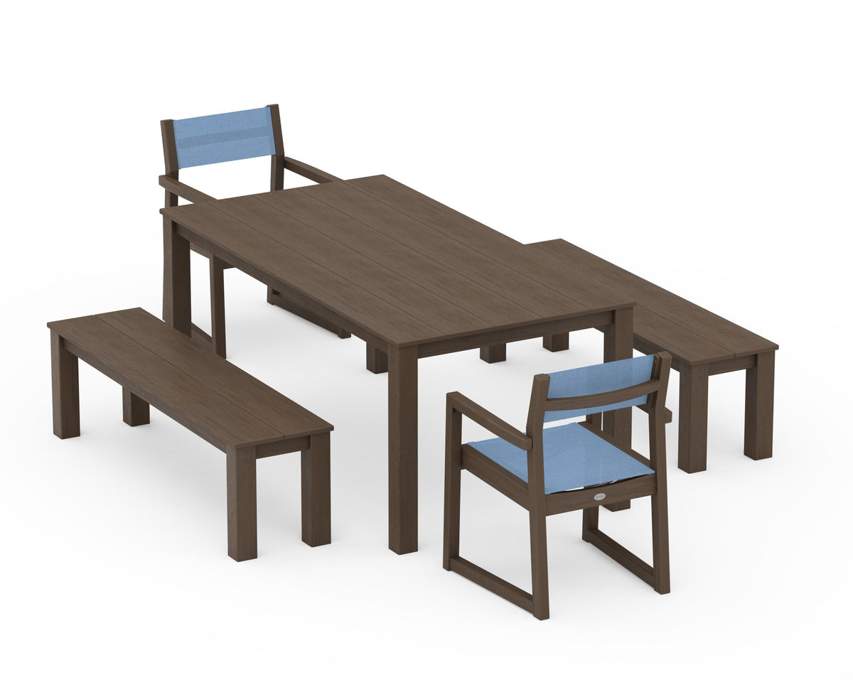 POLYWOOD EDGE Sling Arm Chair 5-Piece Parsons Dining Set with Benches in Kona / Poolside
