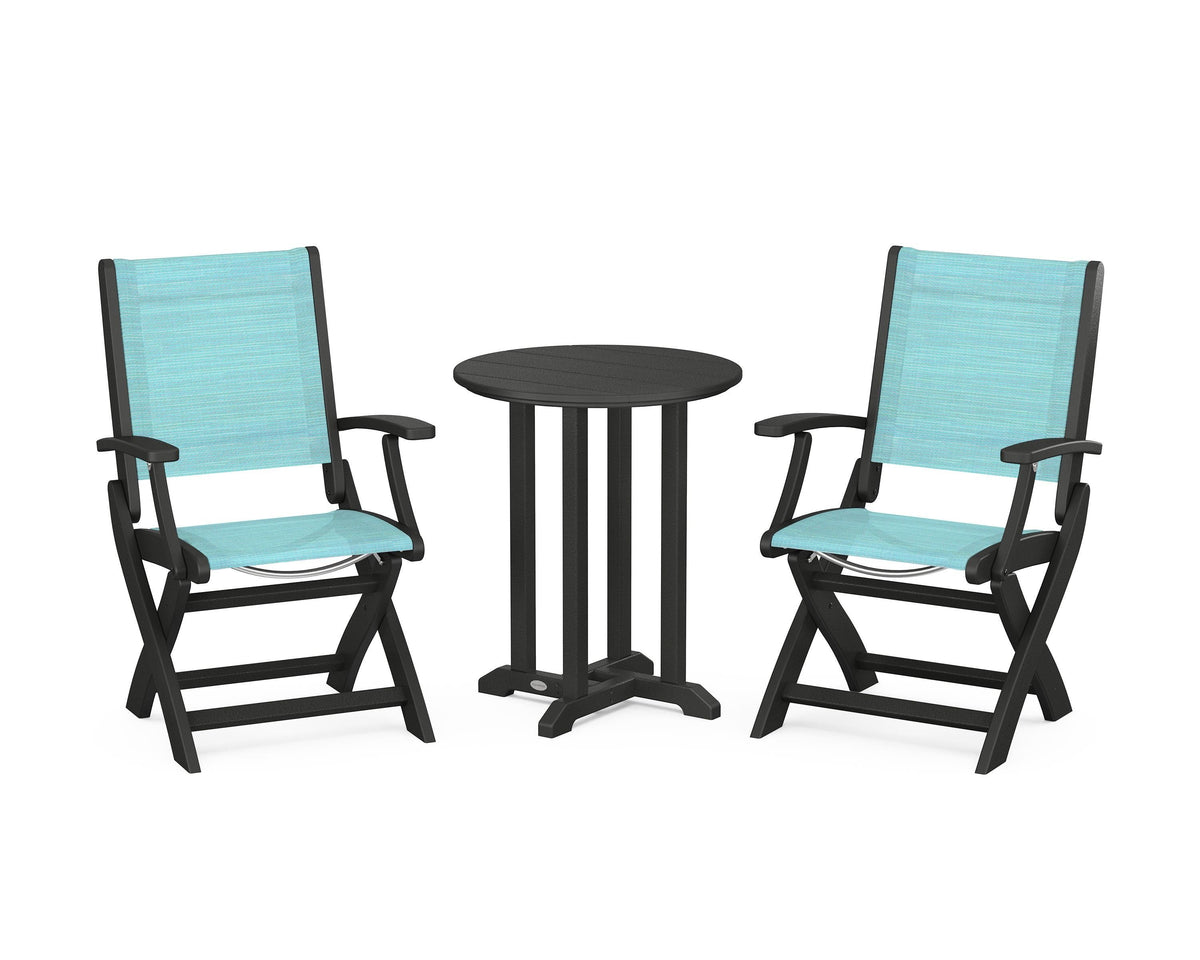 POLYWOOD Coastal Folding 3-Piece Round Bistro Dining Set in Black / Dupioni Aquamarine