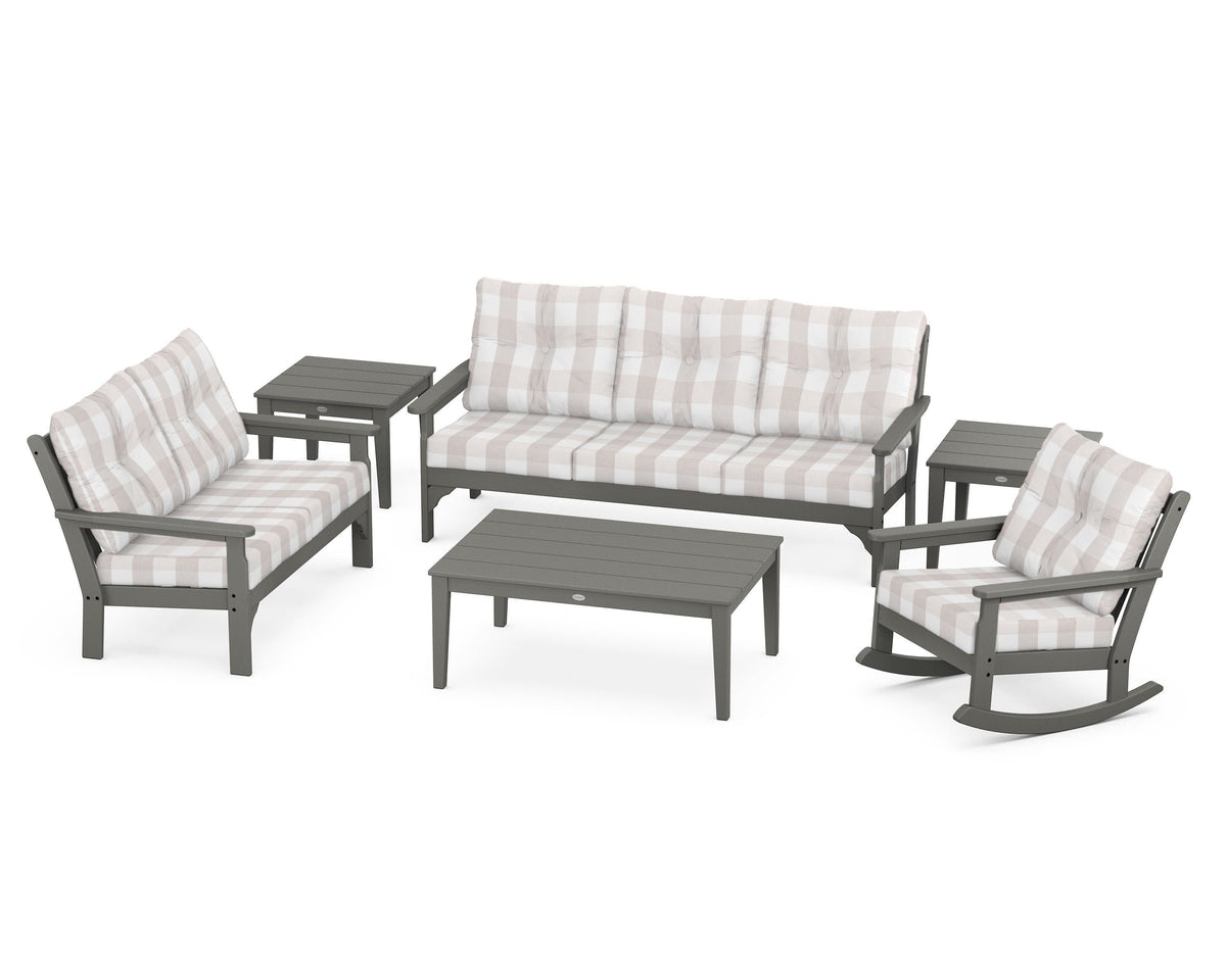 POLYWOOD Vineyard 6-Piece Deep Seating Set with Rocking Chair in Slate Grey / Buffalo Plaid Dune Burlap