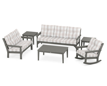 POLYWOOD Vineyard 6-Piece Deep Seating Set with Rocking Chair in Slate Grey / Buffalo Plaid Dune Burlap