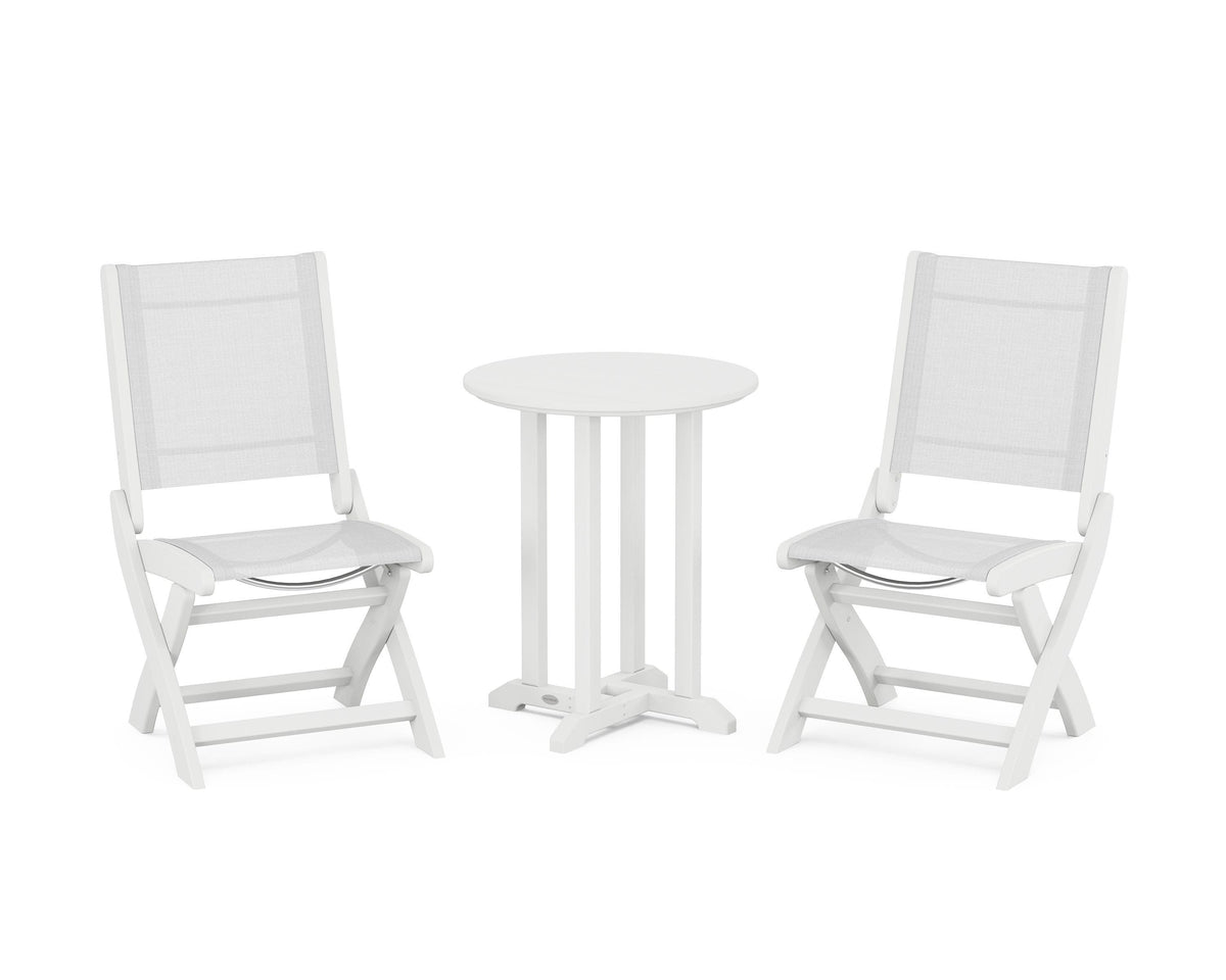 POLYWOOD Coastal Folding Side Chair 3-Piece Round Bistro Dining Set in White / White