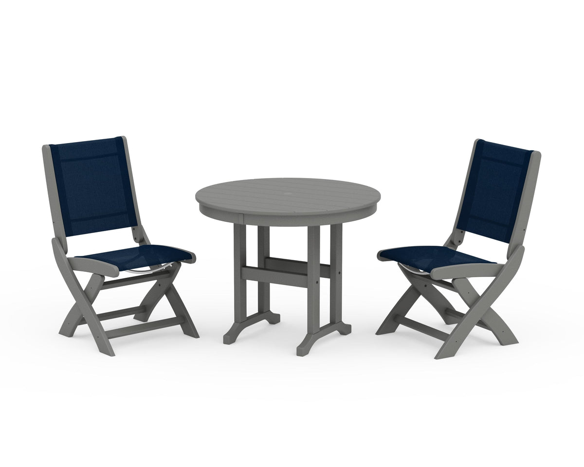 POLYWOOD Coastal Folding Side Chair 3-Piece Round Dining Set in Slate Grey / Navy Blue