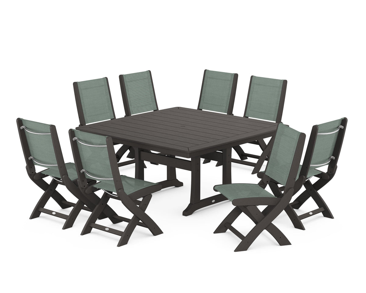 POLYWOOD Coastal Folding Side Chair 9-Piece Dining Set with Trestle Legs in Vintage Coffee / Dupioni Sea Mist