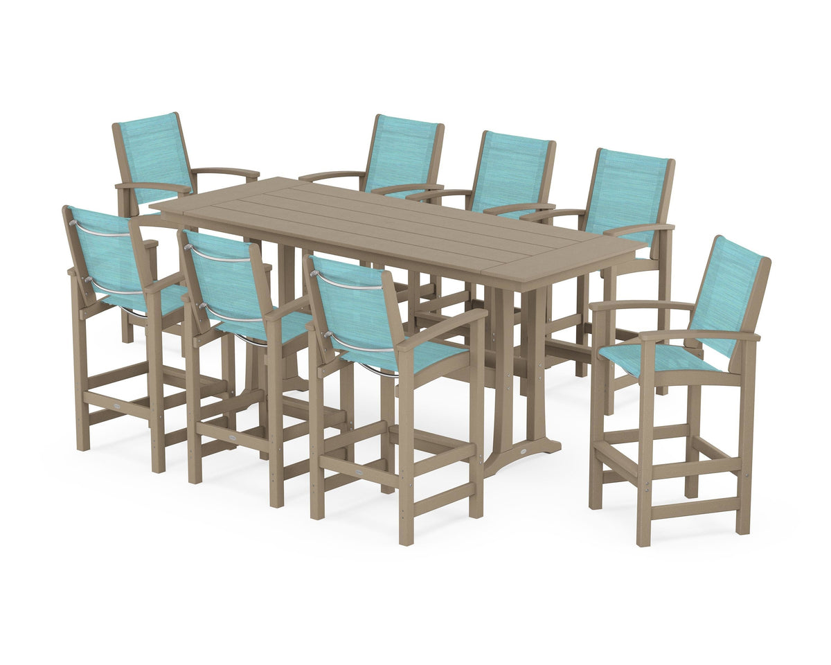 POLYWOOD Coastal 9-Piece Farmhouse Bar Set with Trestle Legs in Vintage Sahara / Dupioni Aquamarine