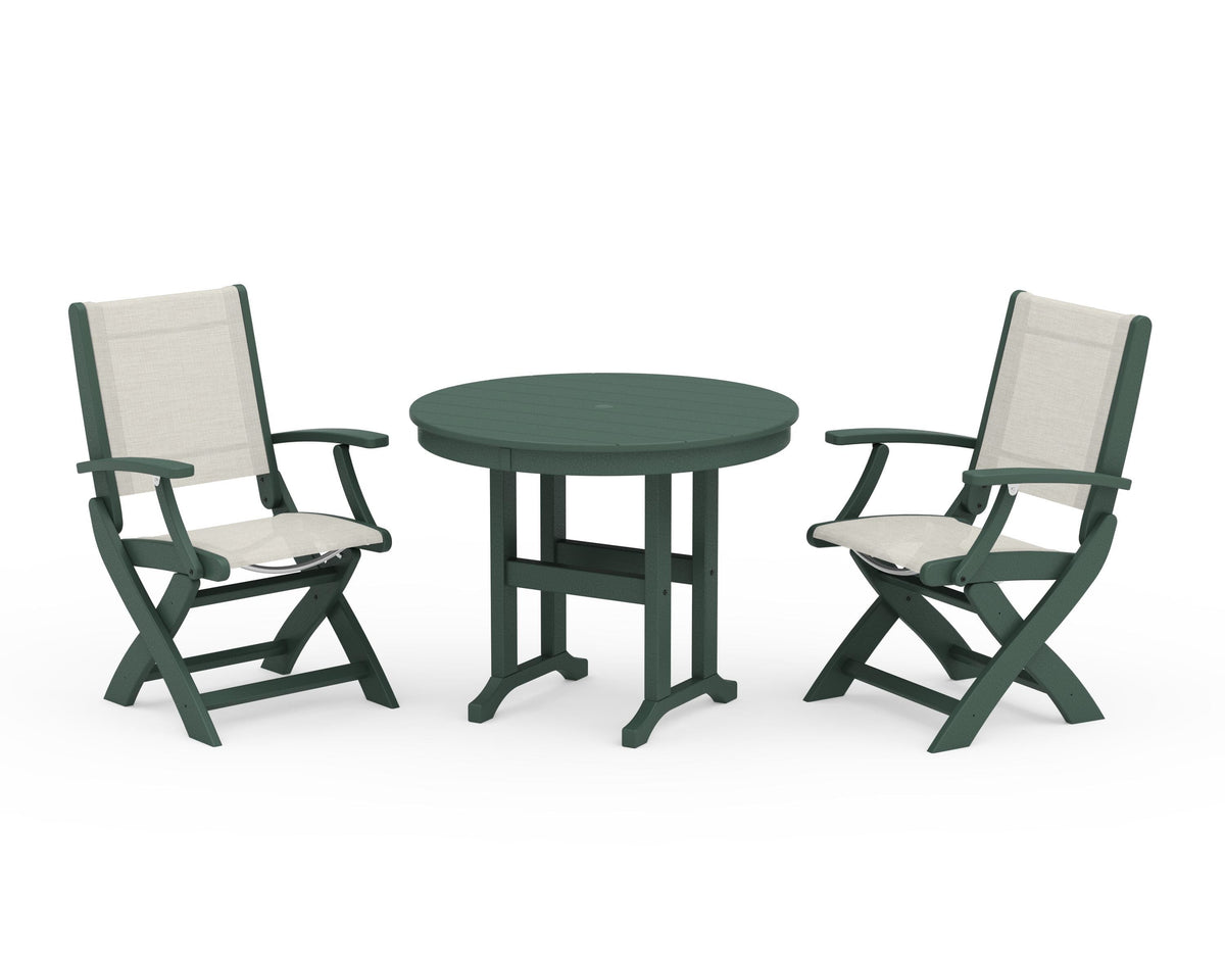 POLYWOOD Coastal Folding Chair 3-Piece Round Dining Set in Green / Parchment