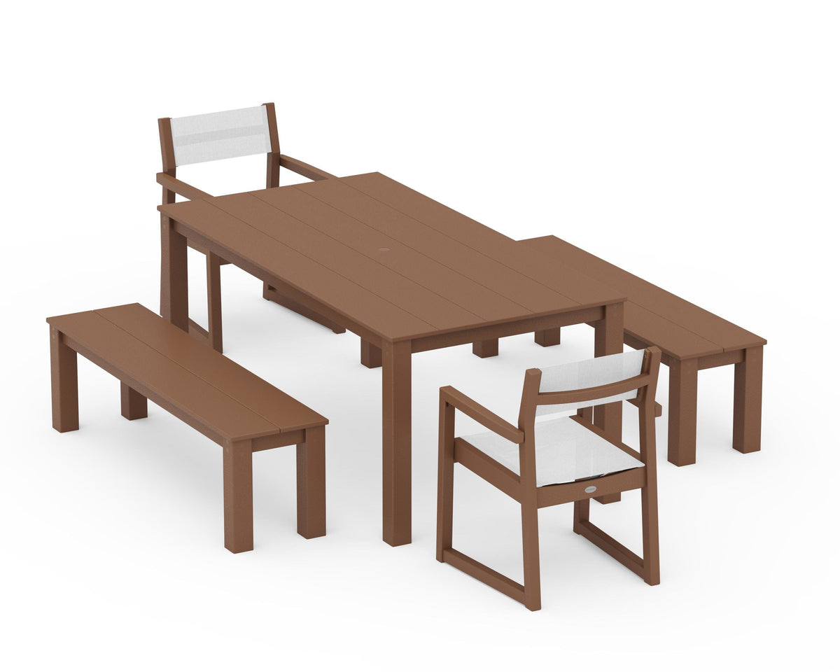 POLYWOOD EDGE Sling Arm Chair 5-Piece Parsons Dining Set with Benches in Teak / White