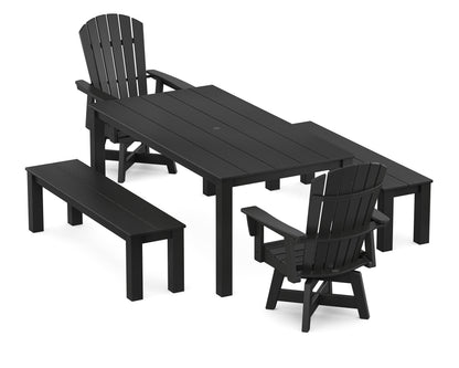 POLYWOOD Nautical Curveback Adirondack Swivel 5-Piece Parsons Dining Set with Benches in Black