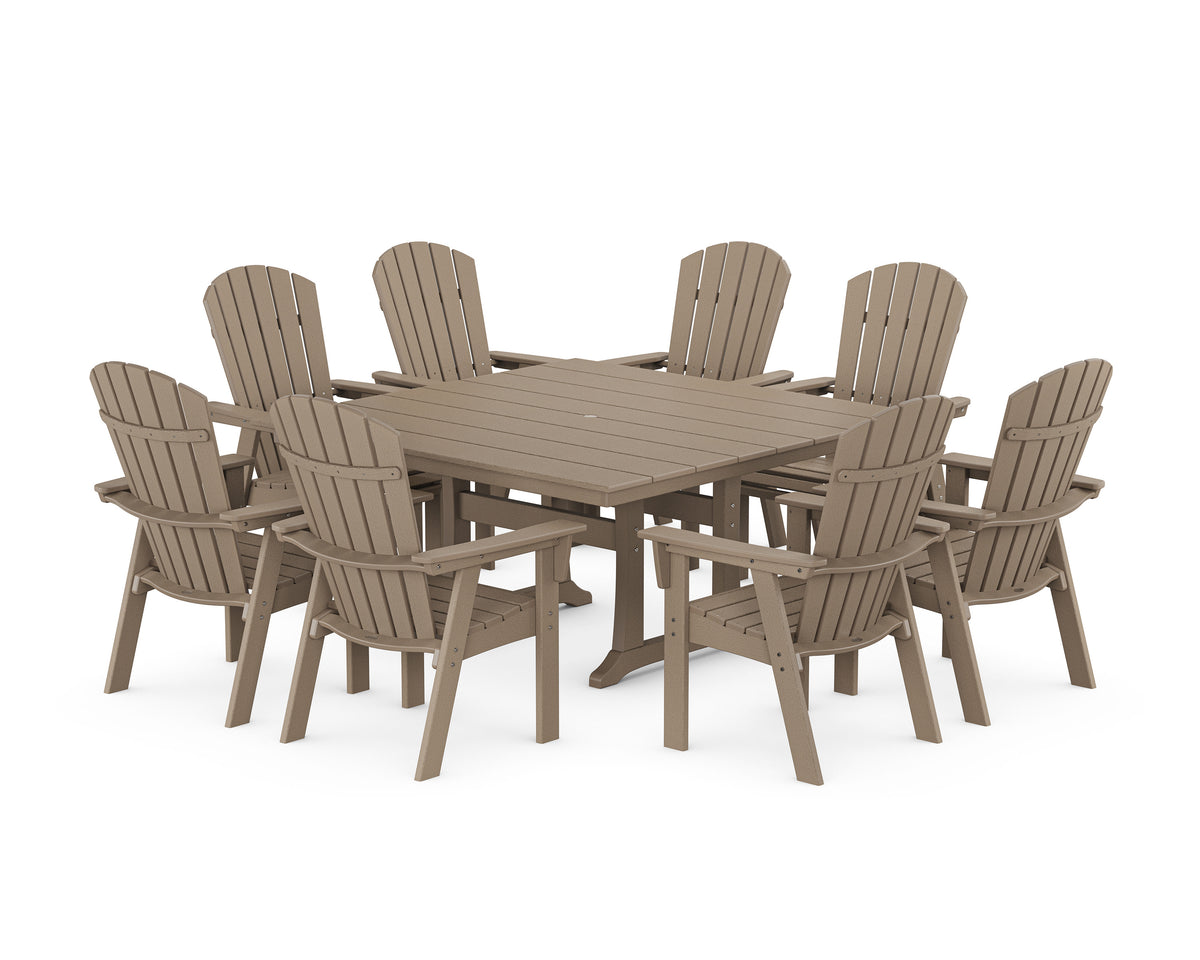 POLYWOOD Nautical Curveback Adirondack 9-Piece Square Dining Set with Trestle Legs in Vintage Sahara