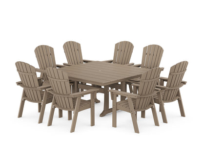 POLYWOOD Nautical Curveback Adirondack 9-Piece Square Dining Set with Trestle Legs in Vintage Sahara