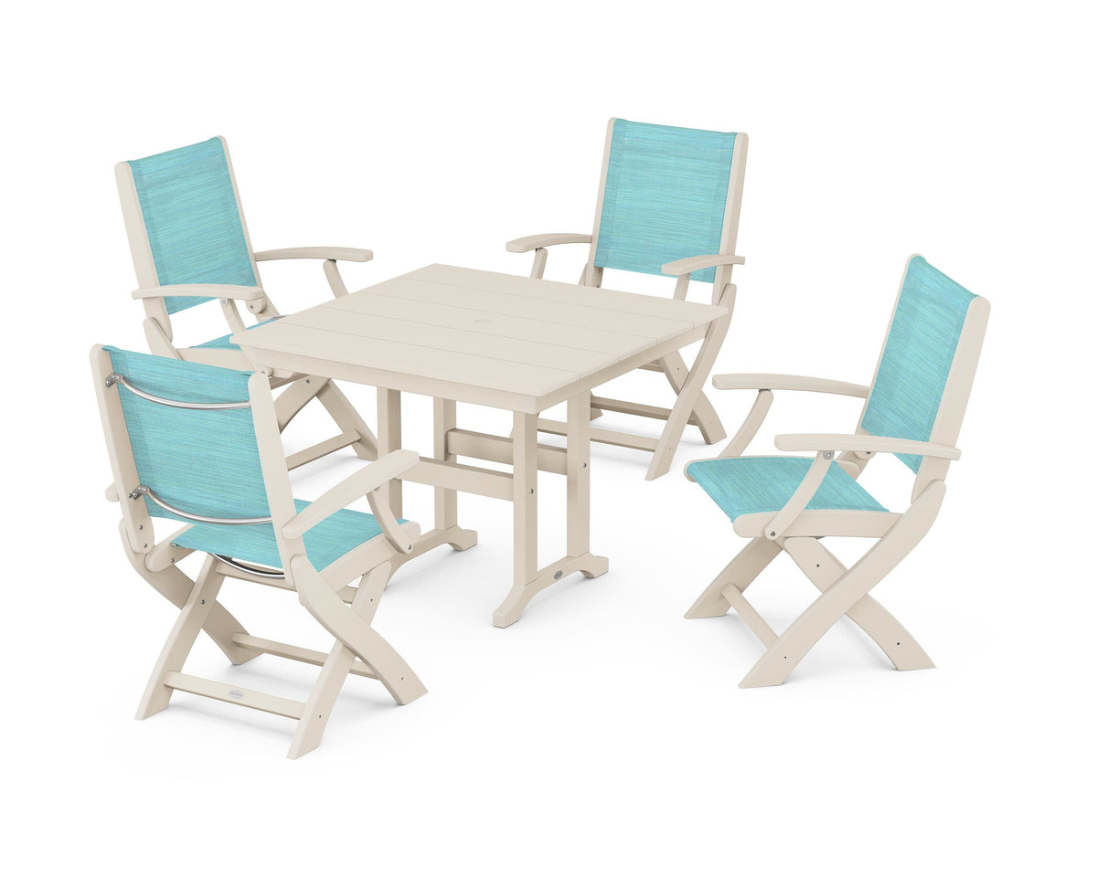 POLYWOOD Coastal Folding Chair 5-Piece Farmhouse Dining Set in Sand / Dupioni Aquamarine