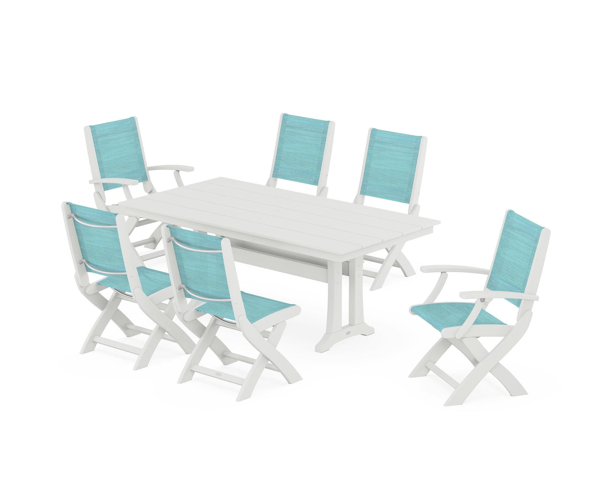 POLYWOOD Coastal Folding Chair 7-Piece Farmhouse Dining Set with Trestle Legs in Vintage White / Dupioni Aquamarine