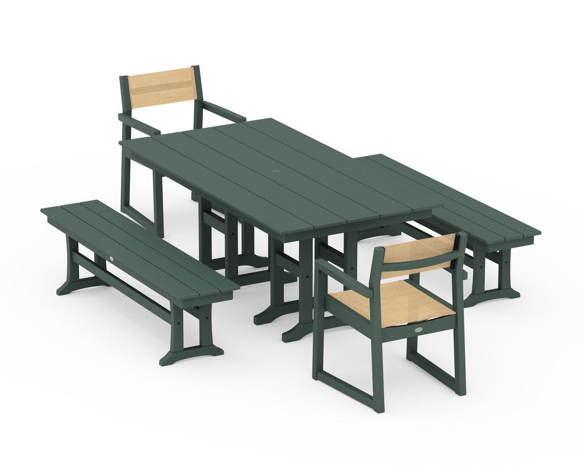 POLYWOOD EDGE Sling Arm Chair 5-Piece Farmhouse Dining Set with Benches in Green / Dupioni Apricot