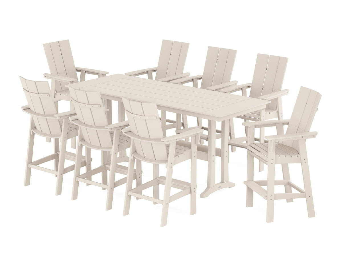 POLYWOOD Modern Curveback Adirondack 9-Piece Farmhouse Bar Set with Trestle Legs in Sand