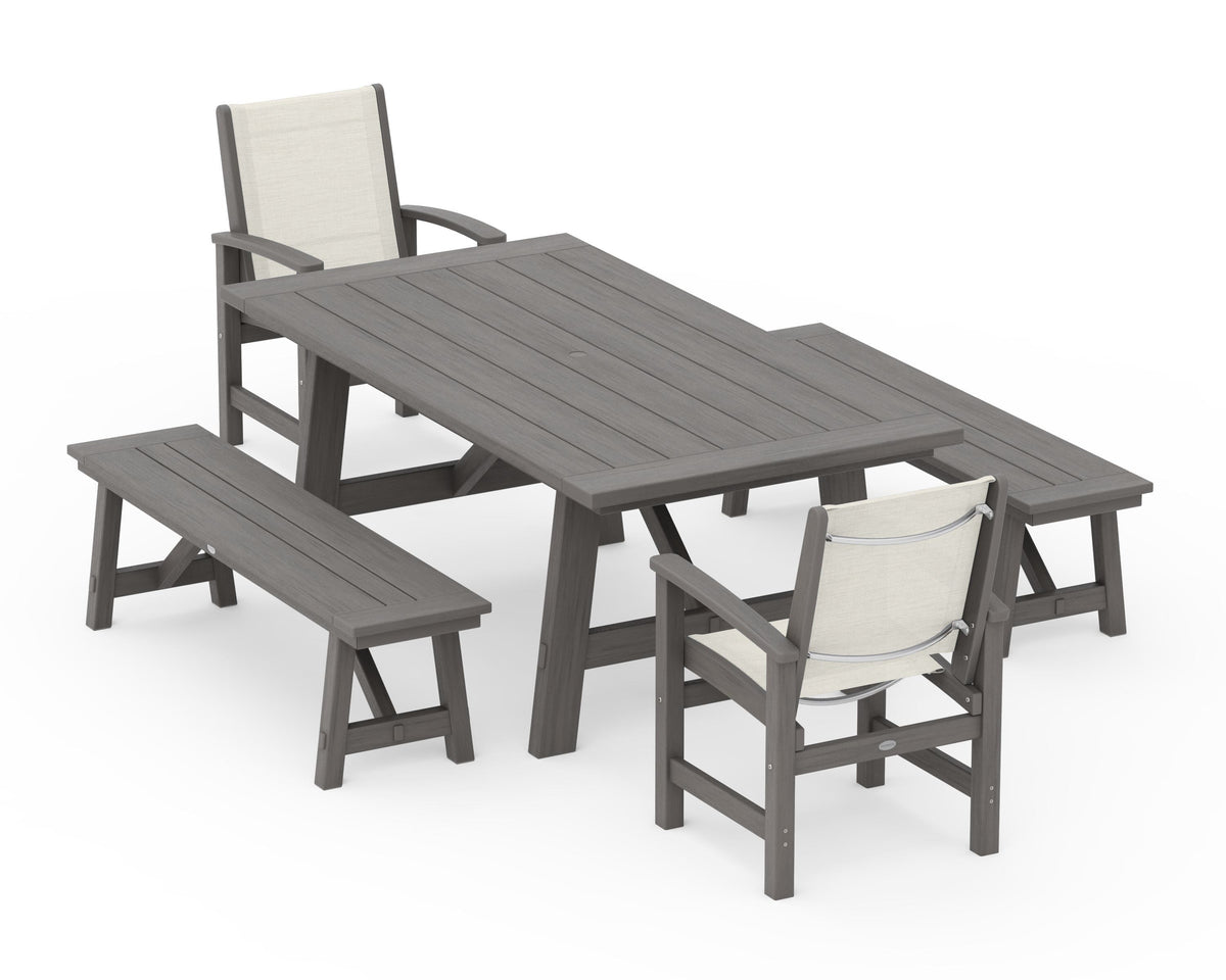 POLYWOOD Coastal 5-Piece Rustic Farmhouse Dining Set With Benches in Driftwood / Parchment