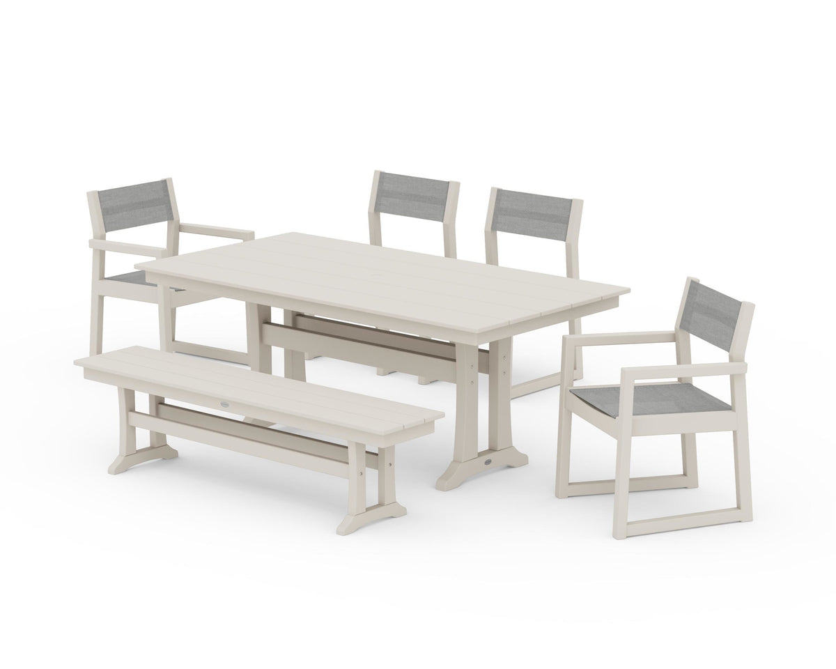 POLYWOOD EDGE Sling 6-Piece Farmhouse Dining Set With Trestle Legs in Sand / Metallic